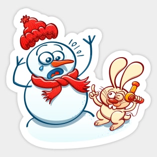 Naughty bunny stealing the carrot nose of a Christmas snowman with a hair dryer Sticker